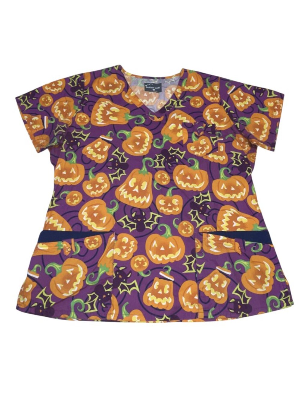 Butter Soft Women's Large Scrub Top Purple Pumpkin Fall Halloween Bat Nurse Vet